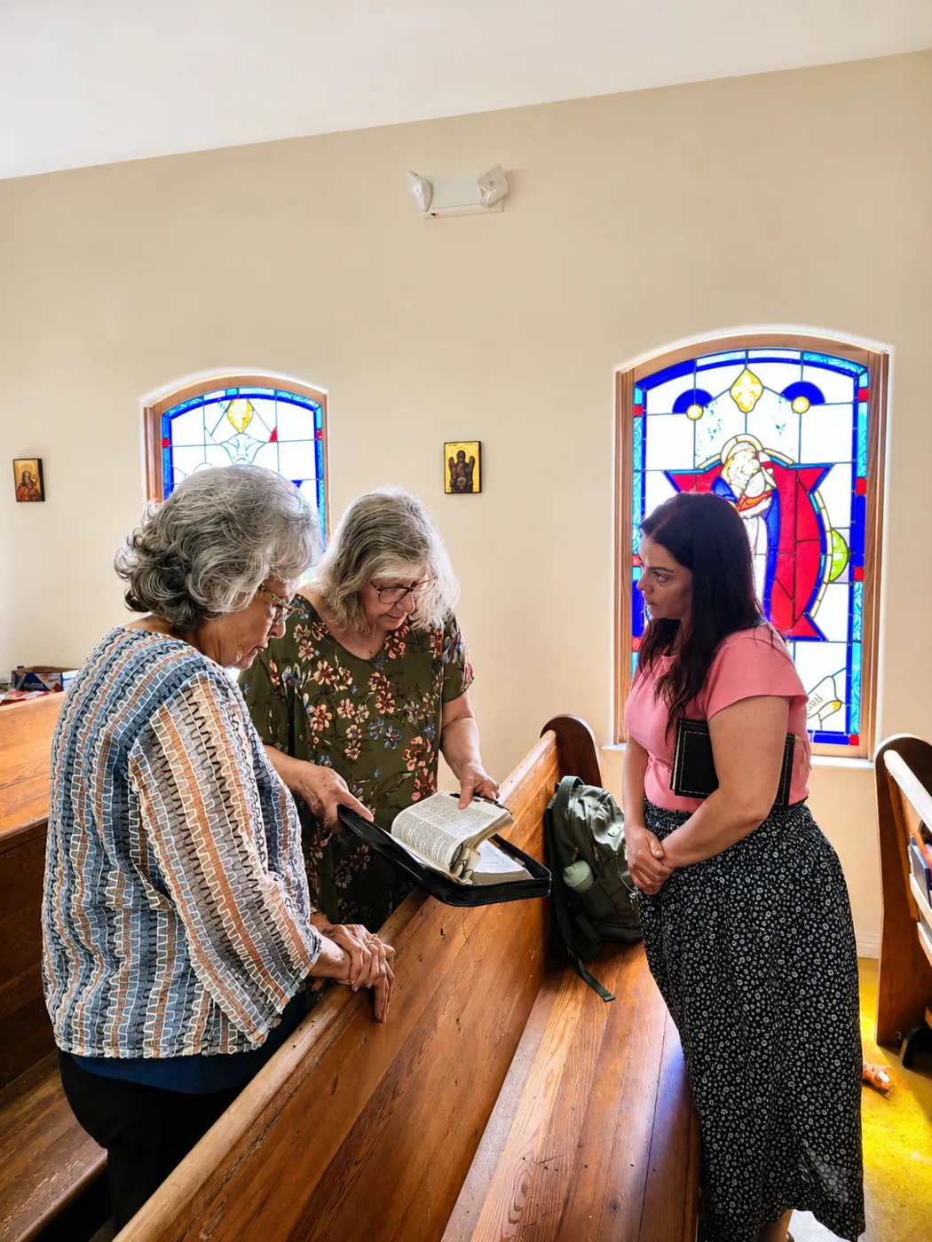 Three parishioners following a reading together in a pew, stained glass behind them